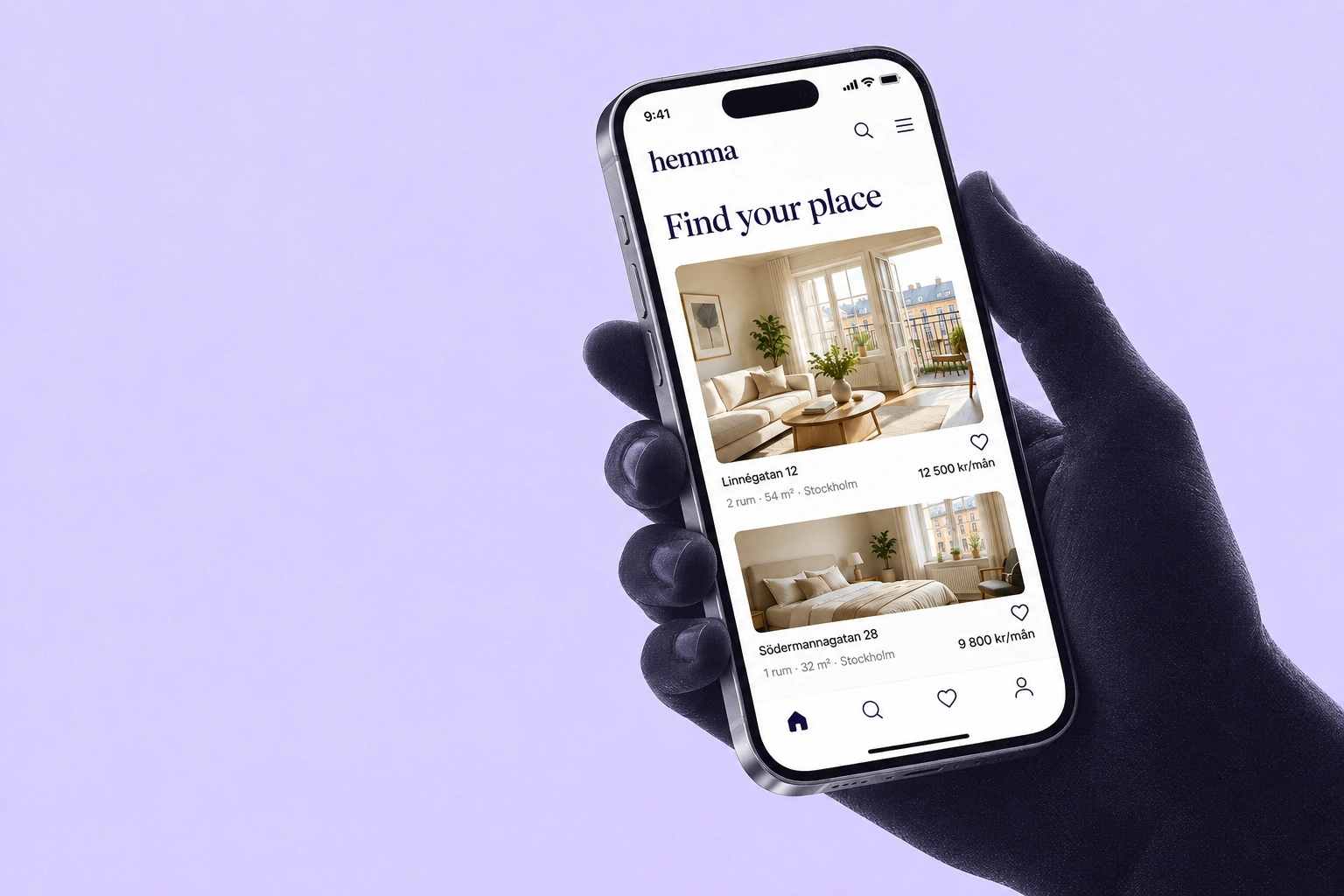 Hand holding a phone displaying the Hemma rental app