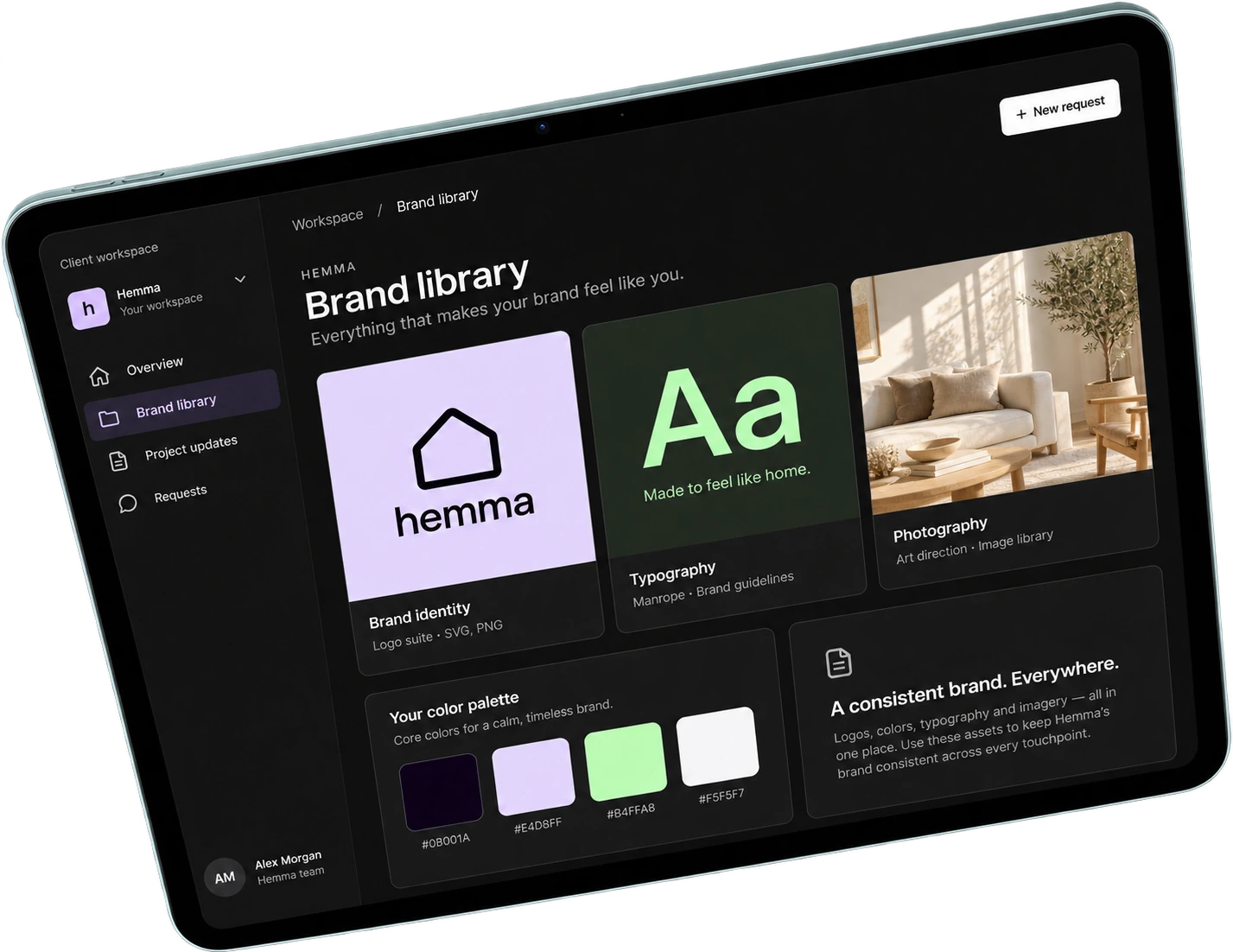 An iPad showing the brand library in the client portal